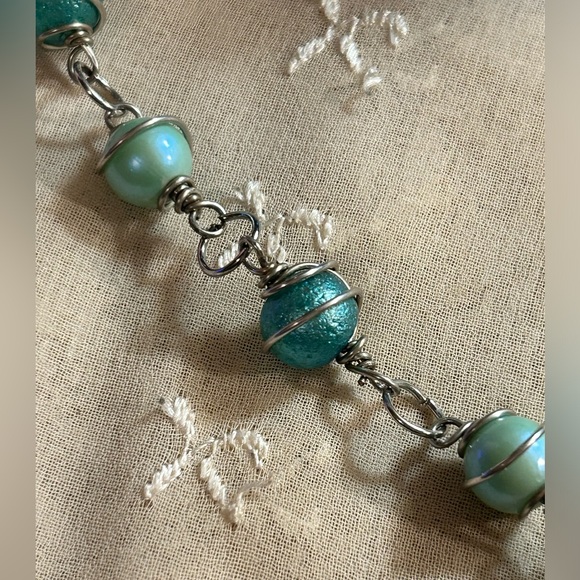 Icey Blue Spirals Wire Wrap Rosary Necklace - Picture 3 of 6